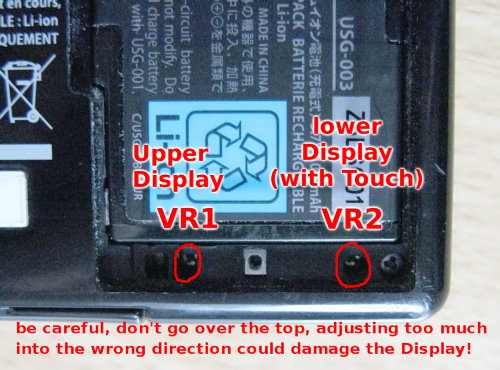  picture of the DS battery cover opened, VR1 and VR2 marked